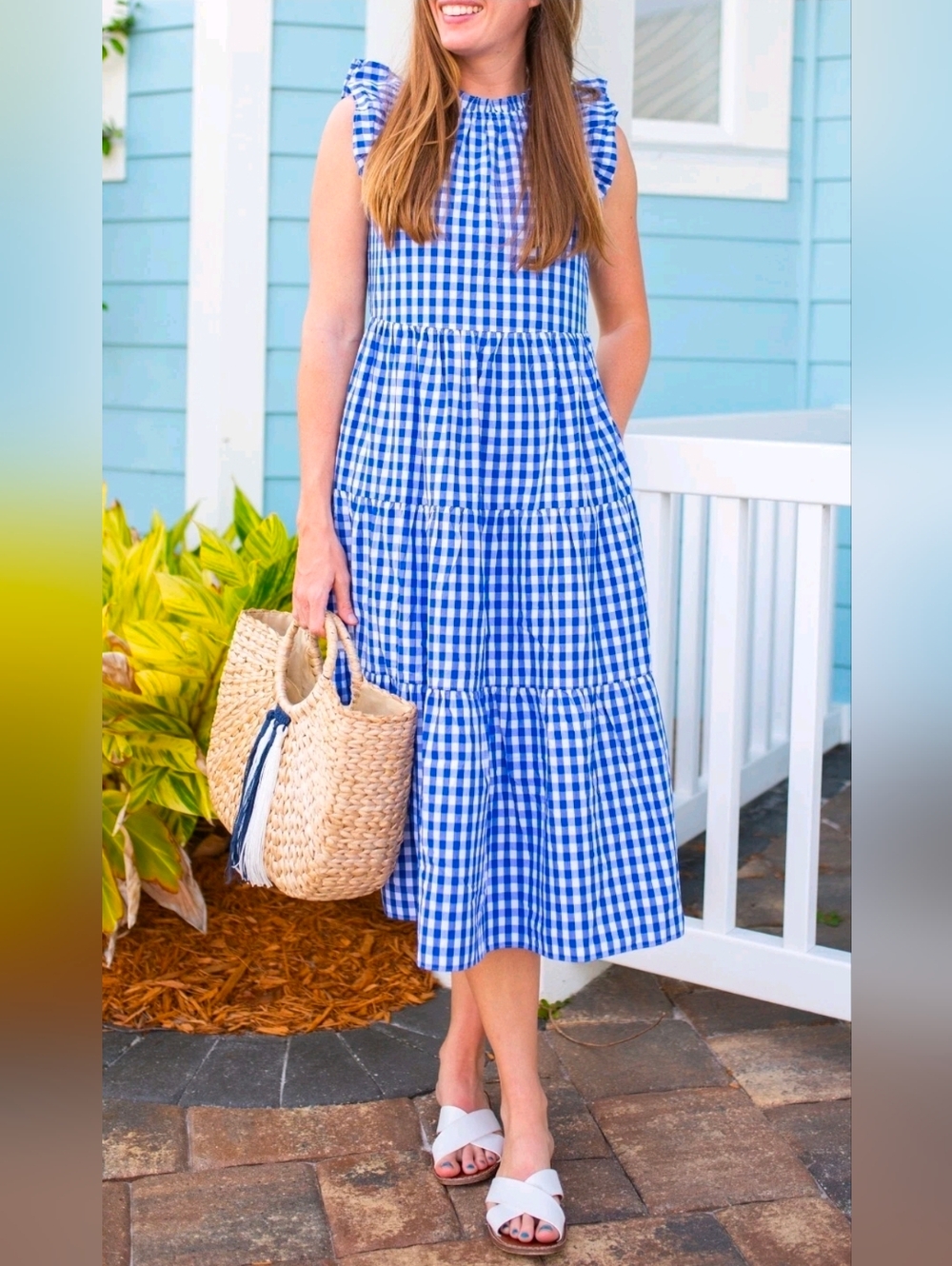 NWT J.Crew Tiered Ruffle-Sleeve Midi in Sapphire Gingham Cotton Dress XS